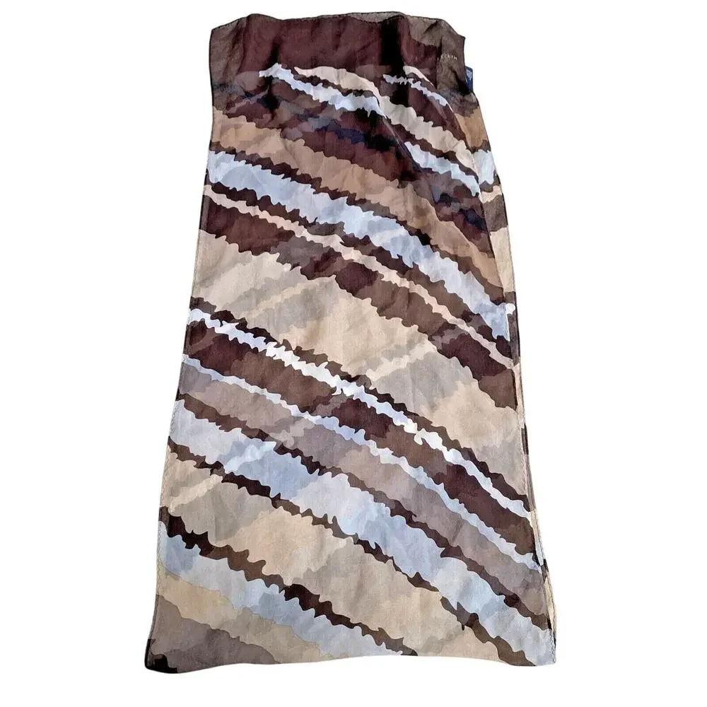 Vintage Anne Klein sheer silk scarf brown tan abstract print long rectangle chic